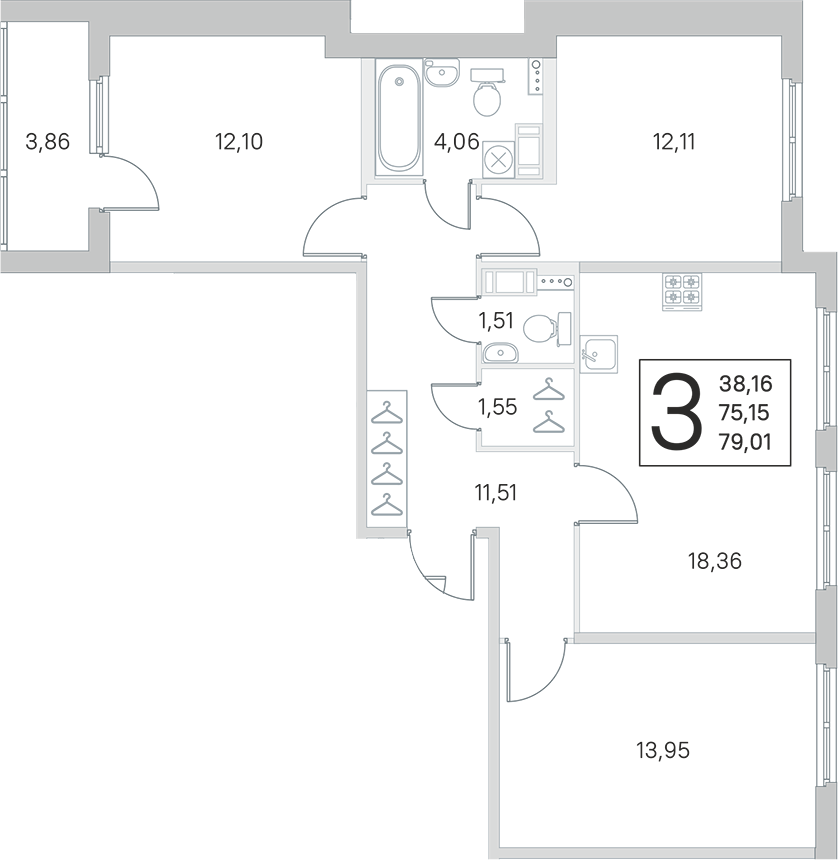 3-комнатная квартира 75.15 м², 2/4 эт., ЖК «Любоград в Стрельне»